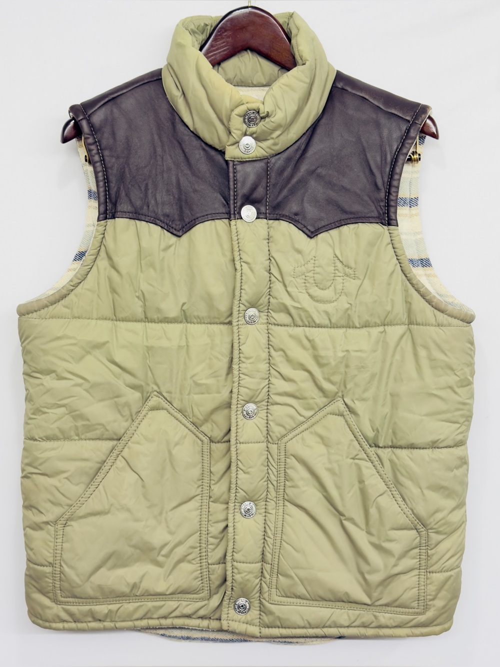 True Religion- Men's Med Puffer Vest- Lamb Leather Yoke- Flannel Lined- Green